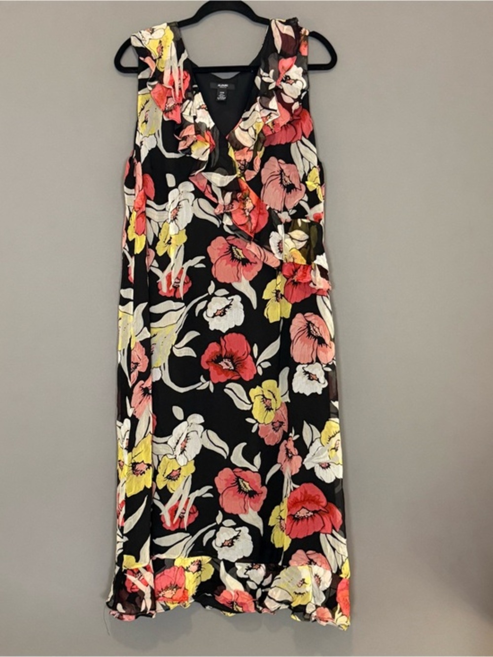 Alfani Woman 100% Silk Floral Ruffle Midi Dress Black Pink Yellow Plus 20W